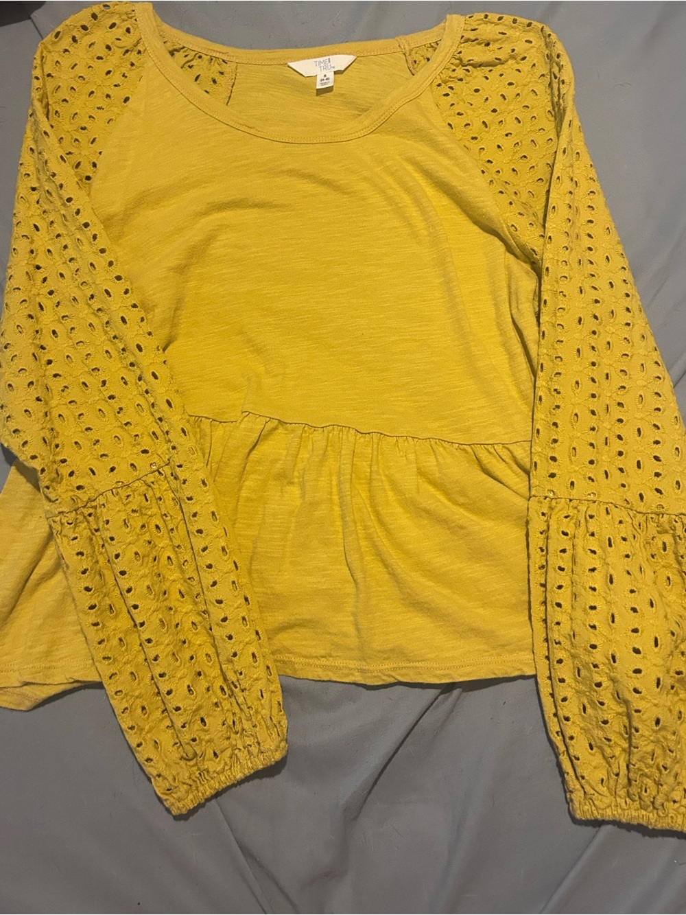 Yellow Eyelet-Long Sleeve Peplum Top - Women